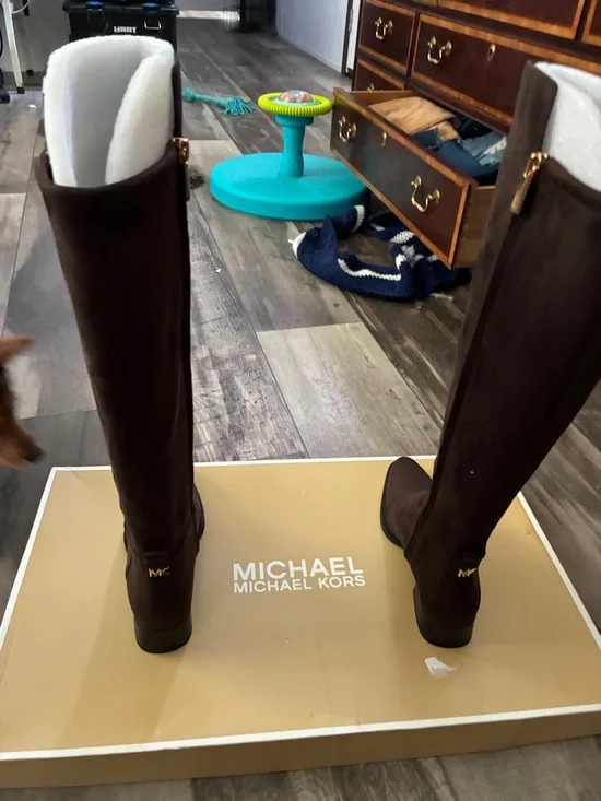 Michael Kors Dark Brown Suede Over-the-Knee Boots with Gold-Tone Zip - Picture 3 of 7